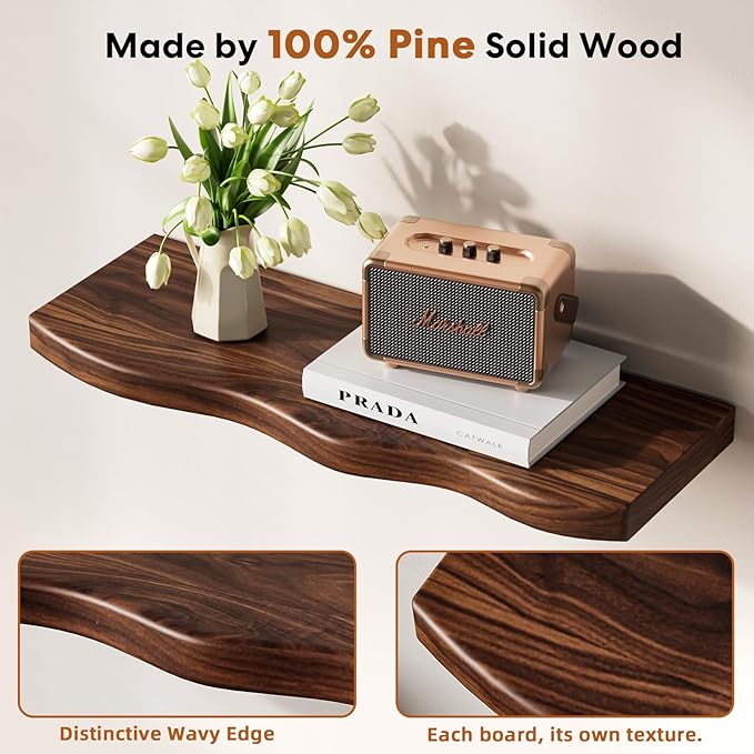 Floating Shelves for Wall, 24 inch Rustic Wooden Floating Shelves, Wall-Mounted Floating Bookshelf, Hanging Shelves with Unique Natural Grain for Living Room, Bedroom, Kitchen (Walnut Color)