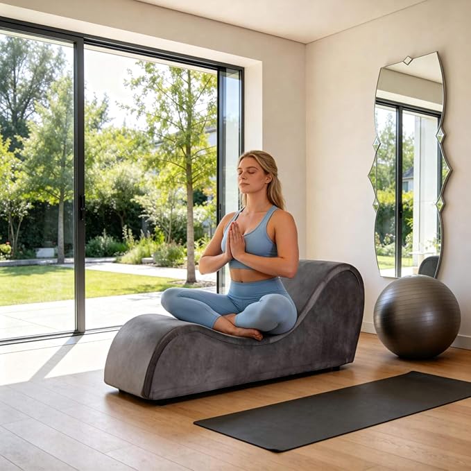Grey Ergonomic Curved Chaise Lounge Chair for Relaxing, Sofa Bench with Heavy-Duty Metal Frame & Removable Velvet Cover