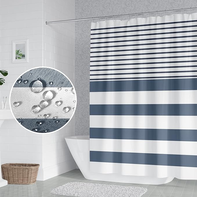 Abstract Stripes Fabric Bathroom Shower Curtain - Navy Blue Lines Modern Minimalist with Hooks - Polyester Waterproof Artistic Decor, 72x78 Inch