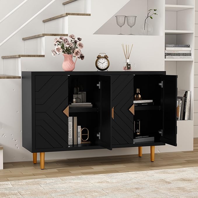 HLR 48" Accent Cabinet with 4 Doors and Shelves, Modern Sideboard Buffet Cabinet with Decorative Embossed Pattern Doors, Credenza Storage Cabinet for Living Room, Kitchen, Dining Room, Hallway