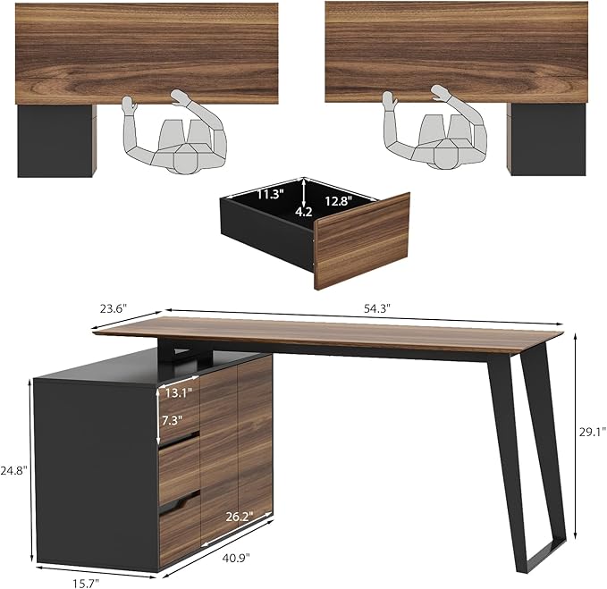 Homsee Home Office Computer Desk Corner Desk with 3 Drawers, 2 Shelves & 2 Doors, 55 Inch Large L-Shaped Study Writing Table with Storage Cabinet, Black & Brown (54.3”L x 40.9”W x 29.1”H)