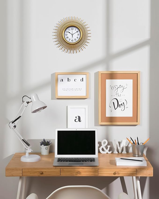 Gold Sunburst 10 Inch Small Wall Clock Battery Operated, Modern Boho Decorative Wall Clock for Living Room, Bedroom, Kitchen, Office, Bathroom