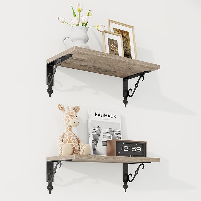 RICHFOCUS Floating Shelves for Wall Decor, 8 Inch Deep Shelves Set of 2, 16W x 8D Floating Shelves Wall Mounted with Metal Brackets, Rustic Wood Shelves for Living Room Bedroom Kitchen, Grey