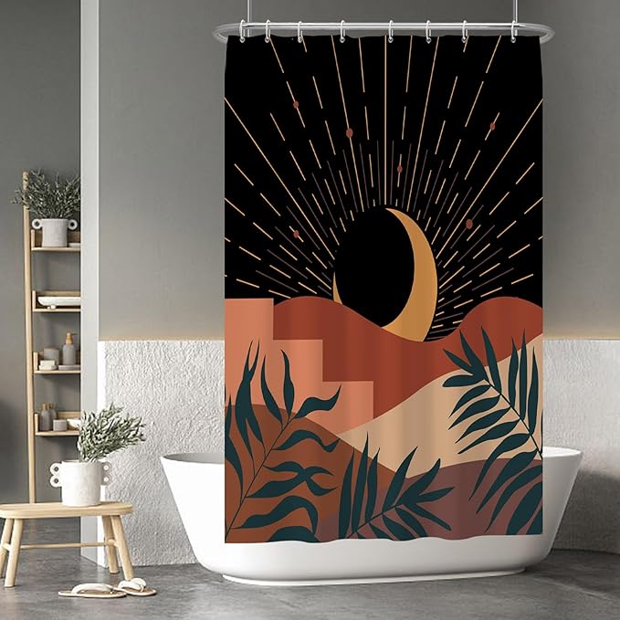 Baocicoo Boho Abstract Moon Shower Curtain Mid Century Sunset Mountain Shower Curtain for Bathroom Minimalist Aesthetic Bathroom Decorations Waterproof Curtain for Bath with Hooks 48x72 Inches