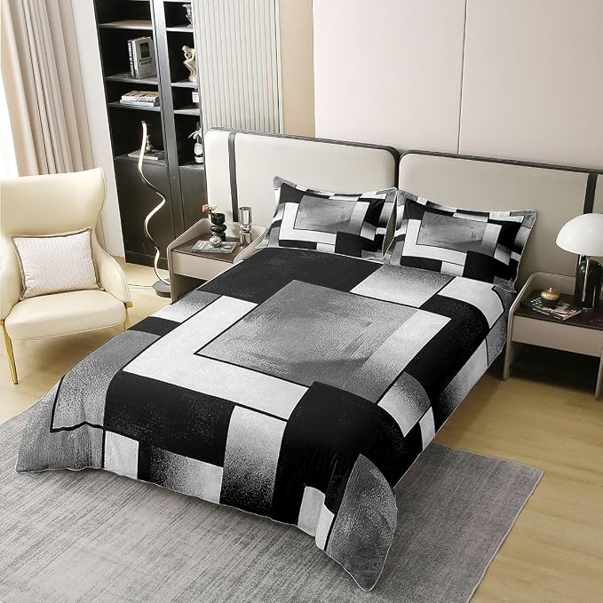 Erosebridal Black Grey Art Bedding Set Twin Modern Geometric Square 100% Cotton Duvet Cover Abstract Patchwork Comforter Cover for Kids Teens Adults Mid Century Modern Fashion Bed Set 2 Pcs