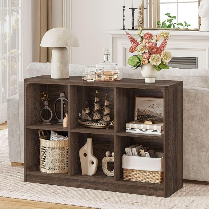 FATORRI 6 Cube Storage Bookcase, Rustic Wood Horizontal Bookshelf with Rounded Corners, Low Cube Organizer Shelf for Living Room, Bedroom, Office (Dark Walnut, 43 Inch)