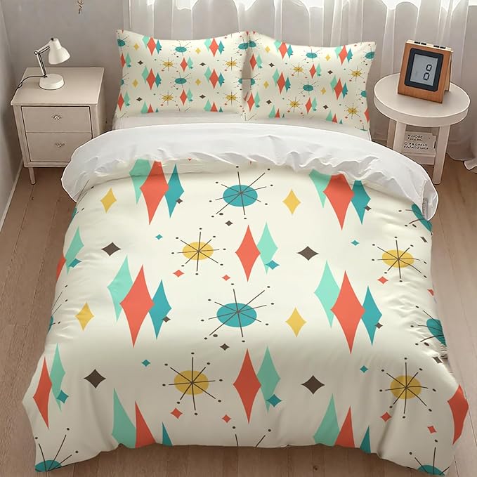 Mid Century Modern Bedding Set,1950s 1960s Vintage Abstract Atomic Stars Geometric Diamond Pastel Pattern Comforter Set with Pillowcase for Bedroom Bed Decor,Full 79"x90"