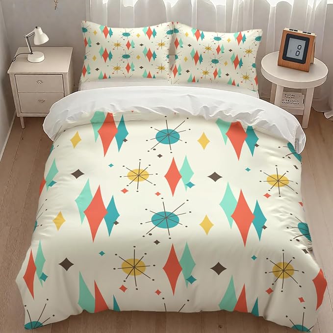 Mid Century Modern Bedding Set,1950s 1960s Vintage Abstract Atomic Stars Geometric Diamond Pastel Pattern Comforter Set with Pillowcase for Bedroom Bed Decor,Queen 90"x90"