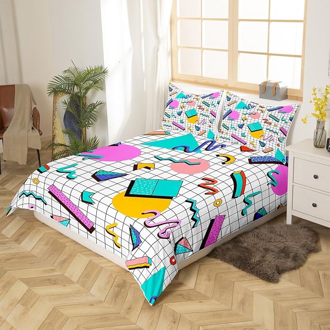 Memphis Duvet Cover Set Full Size, Retro 80s or 90s Geometric Fashion Style Comforter Cover with 2 Pillowcases, Vintage Hip Hop Bedding Set for Kids Boy Girls Lightweight Bedspread Cover,No Comforter