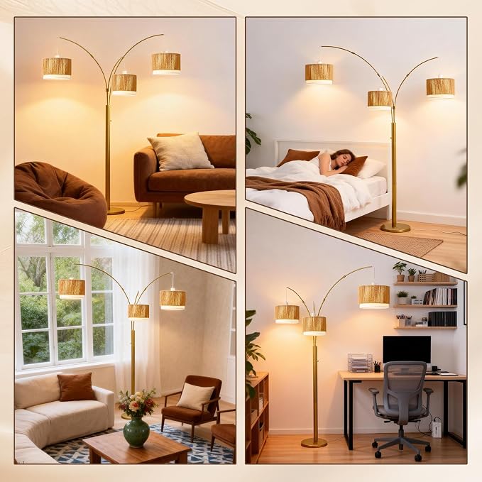 Gold Arc Floor Lamp for Living Room, Mid Century Floor Lamp with Stepless Dimmable Switch, Boho Standing Lamp with Wicker&Fabric Shade, Rattan Tall Lamp for Bedroom Over Couch Reading