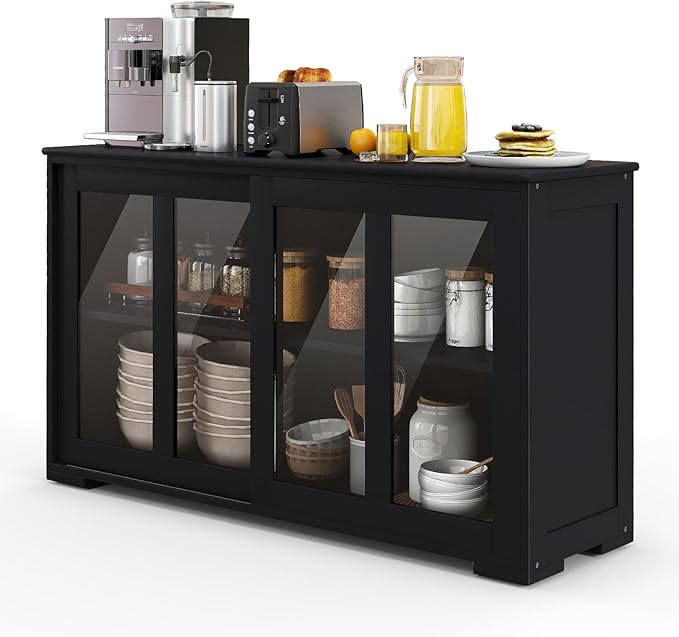 Sideboards Buffet Cabinet, Sliding Tempered Glass Door Coffee Bar, Console Table with Adjustable Shelf, Credenzas for Living Room, Stackable Kitchen Cupboard for Dining Room (Black)