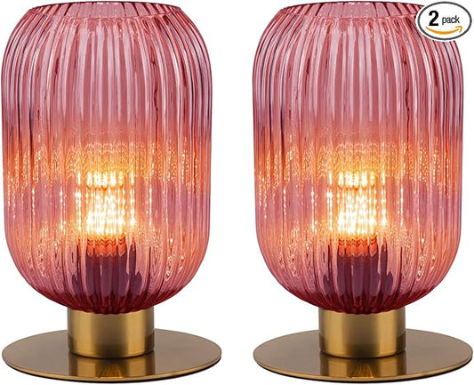 Small Table Lamps Set of 2, Mid Century Glass Desk Lamp Retro Nightstand Lamp with Gold Metal Base, Cute Bedside Lamp Pink Table Lamp for Girls Bedroom Study Room