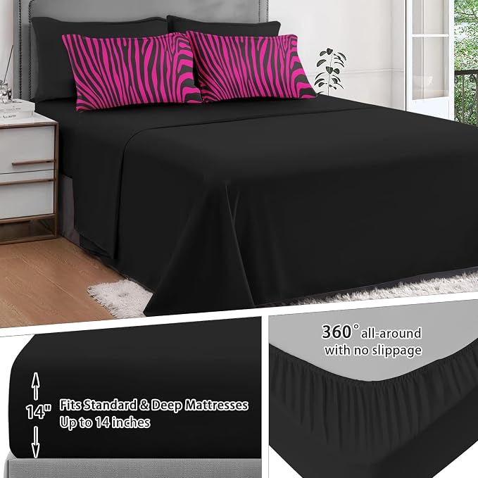 7Pcs Comforter Set Full Size, Hot Pink Zebra Print Line Abstract, Bedding Decor Wildlife Black Striped Animal Jungle Bedroom Bed Set Flat Sheet Fitted Sheet Pillowcases Shams for Kids Adults