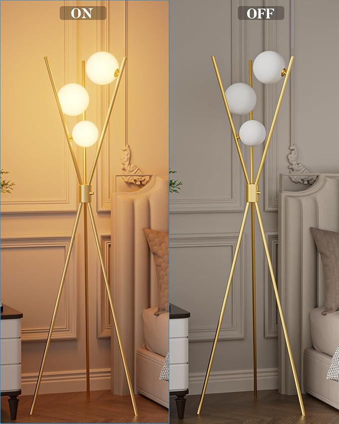 Lightdot Globe Modern Floor Lamp Stepless Dimmable Gold Tripod Standing Lamps with 3PCS 3000K Bulbs Included Stable Based Mid Century Modern Floor Lamp for Living Room/Bedroom/Sofa Beside/Corner Decor