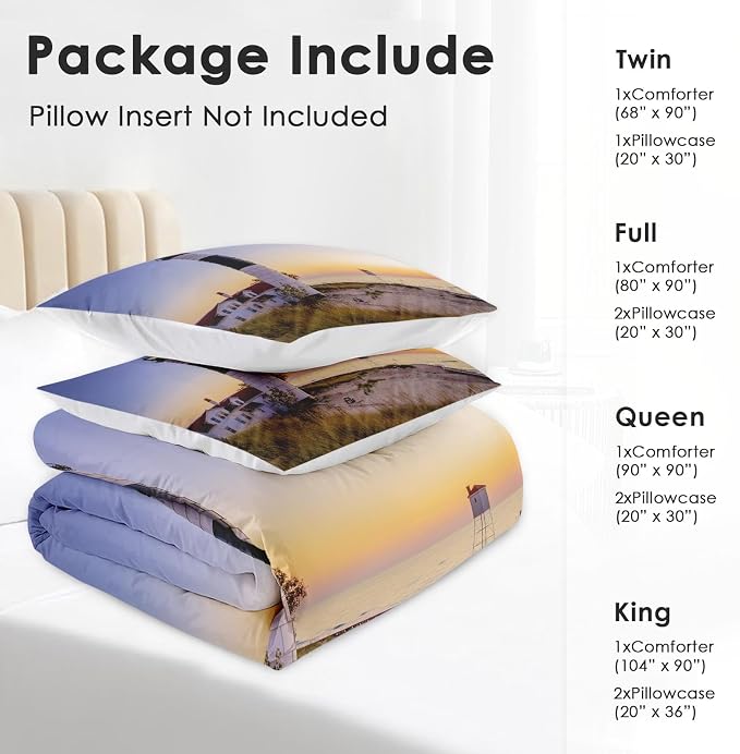 Comforter Set with Pillowcase Twin Size, Coastal Lighthouse Michigan Beach Lake, Bed Decor Sea Ocean House Sunset Seascape for Kids and Adults, Soft Cozy Bedroom Bedding Set