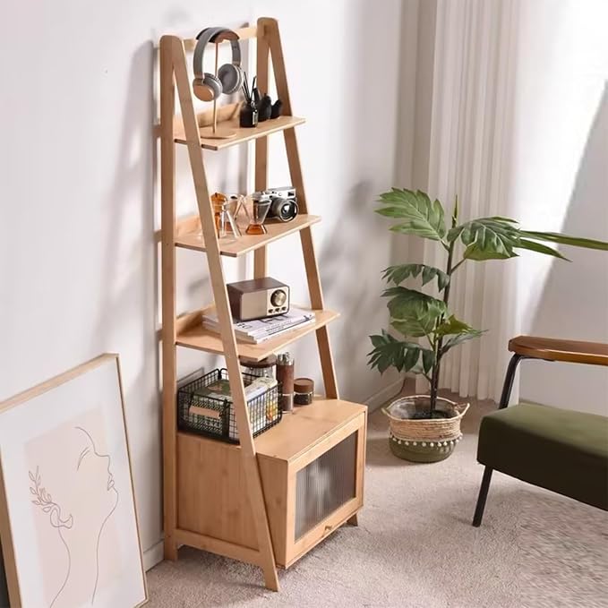 5-Tier Bamboo Ladder Bookshelf with Storage Cabinet， Mid Century Modern Bookcase Rustic Accent Furniture Open Display Rack Shelf for Bedroom Living Room Home Office, Natural