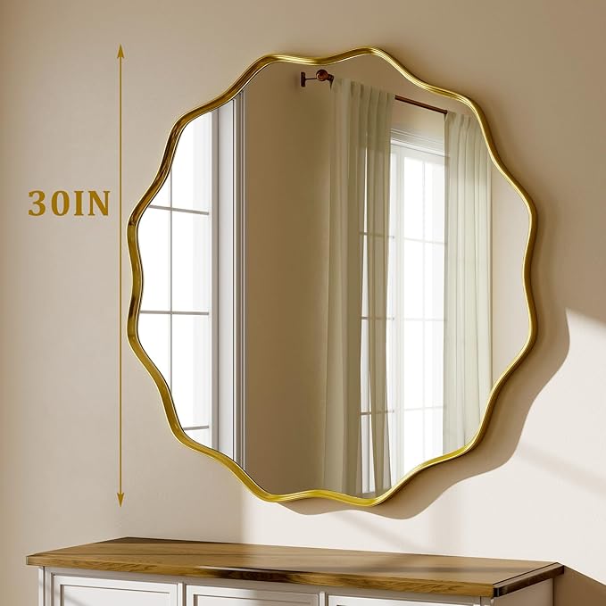 Round Wavy Mirror - 30 Inch Bathroom Vanity Mirror Metal Frame Circle Wall Mounted Mirror for Bedroom Living Room Entryway, Gold