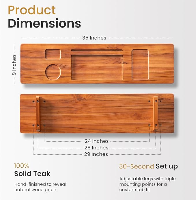 Teak Bathtub Tray Caddy - 35" Wide Adjustable Bathtub Table for Freestanding Tubs, Non-Slip Design with Phone/Wine Holder, Natural Bath Spa Essentials