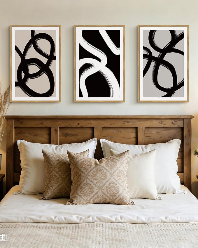 Drsoum Lager 16x24in Black Abstract Framed Wall Art Decor Duotone Minimal Dark Brush Stroke Prints Shapes Illustrations Modern Art Decorative Ready To Hang - Natural Framed
