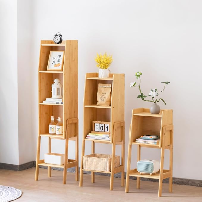 Welnow Bamboo Bookcase with Cabinet, Natural End Table with 1-Tier Storage Shelf, Modern Bedside Organizer Side Table for Bedroom or Living Room, Wood Bookshelf with Open Space