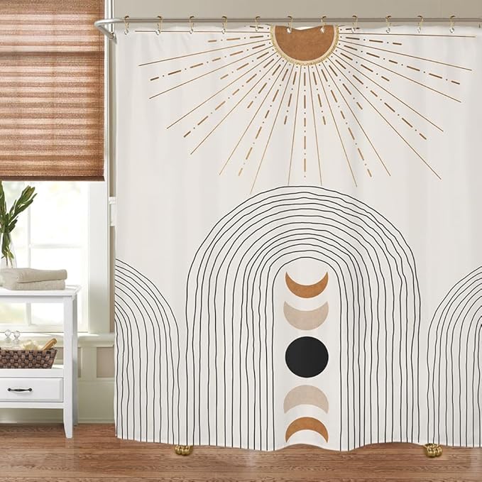 Miyotaa Abstract Sun Moon Phase Shower Curtain Set 60Wx71H Inches Minimalist Modern Contemporary Aesthetic Sunshine Polyester Waterproof Cloth Bathroom Curtain with 12 Hooks
