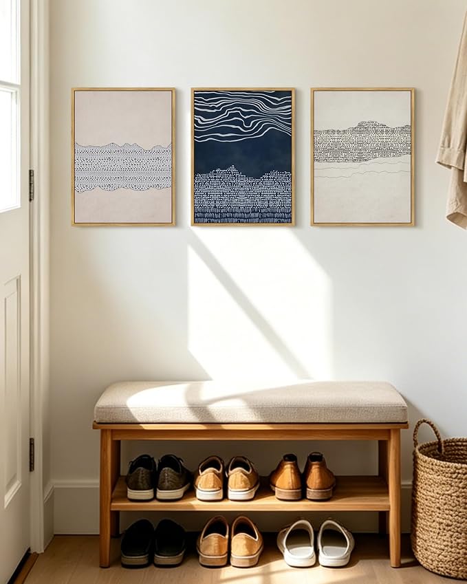 KUVIOKE Navy Blue Abstract Framed Wall Art Modern Neutral Minimalist Wooden Pastel Boho Wall Decor Farmhouse Rustic Art Painting Home Decor 11x14in (Natural Framed)
