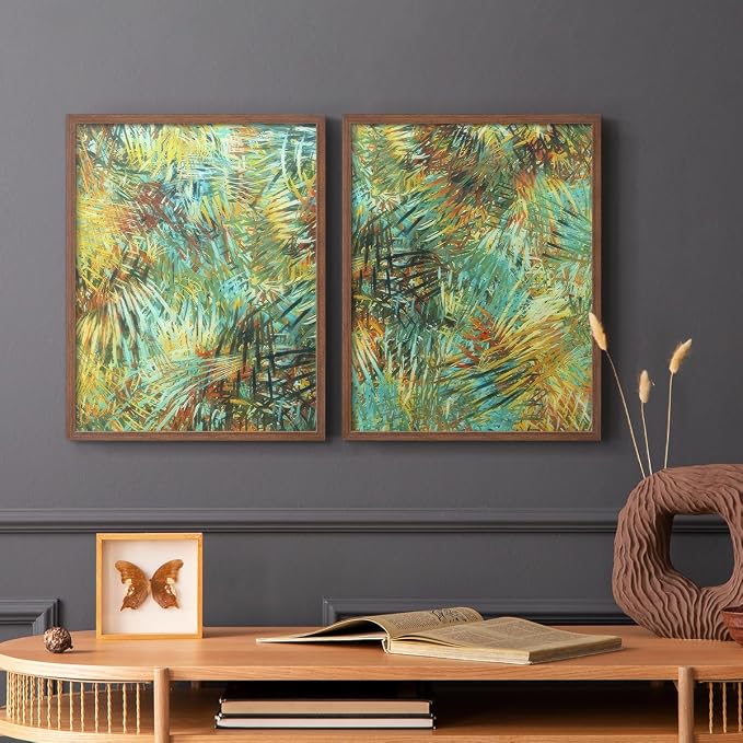 Renditions Gallery Set of 2 Peel & Stick Framed Prints, Nature Abstract Wall Art, Green Leafy Design Wall Decor, Re-Stickable - Ready to Hang - 16"x20" - Walnut Frame LT588