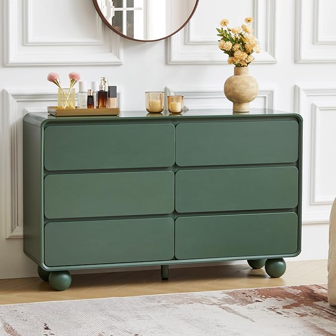 AVZEAR Modern 6 Drawer Green Dresser for Kids Bedroom, 48" Wide Wooden Dresser Chest of Drawers, Handle Free & Curved Profile Design, Mid Century Closet Clothes Storage Organizer for Living Room