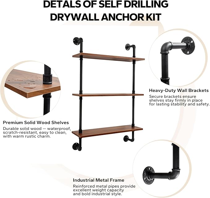 3-Tier Industrial Pipe Floating Shelf – Rustic 30 inch Wood Wall-Mounted Storage Shelf for Kitchen Office,Bathroom & Home Decor -Walnut