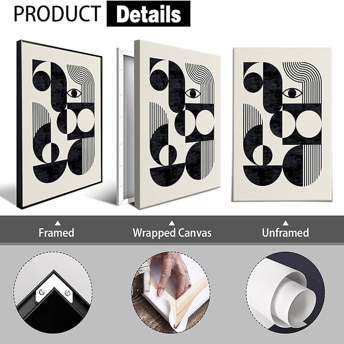 LZMXWX Vintage Geometric Face Motivational Poster Black And White Bauhaus Scandinavian Canvas Wall Art Minimalist Abstract Prints Painting For Home Bedroom Dorm Wall Decor 24x36in Framed