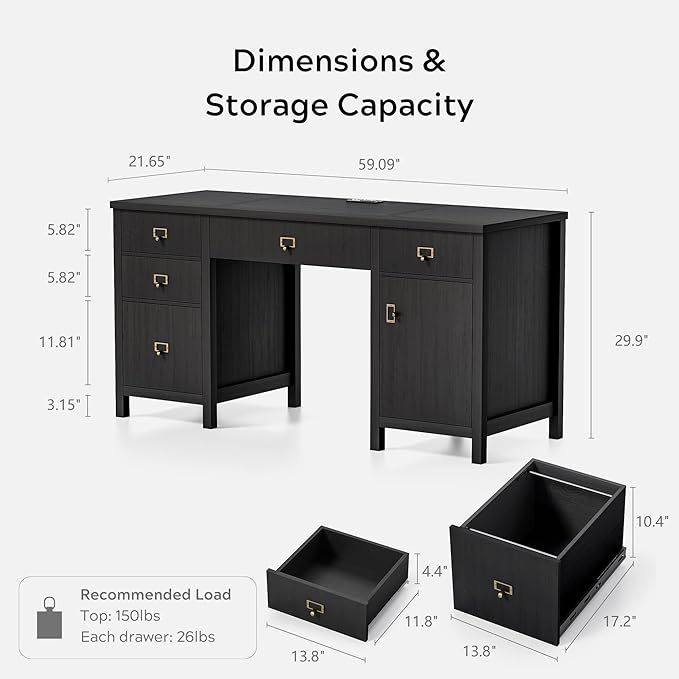 EYYTHUNG 59" Executive Desk with File Drawers Cabinet, Modern Computer Desk with Charging Station, Keyboard Tray, Large Home Office Desk, Farmhouse Wood Desk for Study, Writing, Black