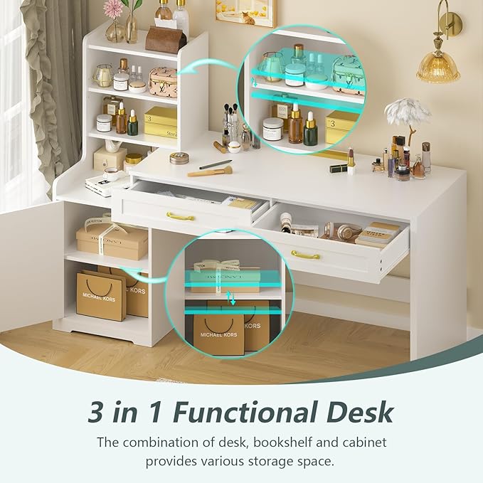 60" Computer Desk with Drawers & Bookshelves, Home Office Desk with Storage Cabinet & Spacious Desktop, Writing Gaming Study Table with Bookcase, White