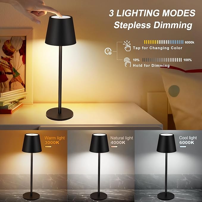 Black Cordless Table Lamp Set of 2 - 8-20 Inches Adjustable Height, 5000mAh Rechargeable Battery LED Desk Lamp, 3 Color Stepless Dimmable, Portable Waterproof Metal Table Light for Indoor/Outdoor