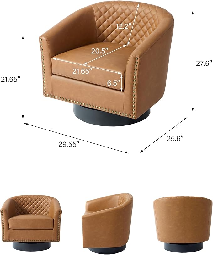 Swivel Barrel Accent Chair, Comfy Modern Upholstered Round Faux Leather Arm Chair for Living Room, Bedroom - Coffee, Set of 4