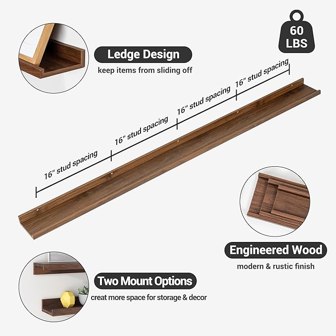 Axeman 72 Inch Floating Shelves | Walnut Picture Ledge Shelf Set of 3 | Rustic Wood Wall Shelves with Lip | 72" Walnut Picture Shelf for Wall with Ledge | Photo Shelves
