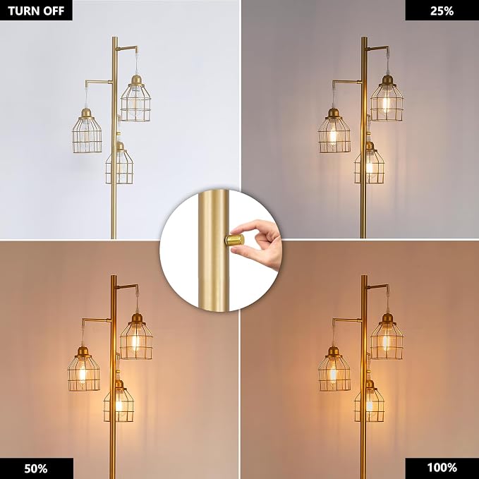 9MMML Golden Dimmable Floor Lamp,Industrial Gold Farmhouse Tall Standing Lamp for Living Room, Bedroom Office,3 Teardrop Cage Lampshade,3 LED Bulbs Inculded, 68'' Tall