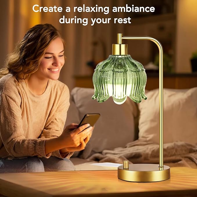 Glass Table Lamp Set of 2,Small Gold Bedside Lamps Dimmable Boho Bedroom Lamp with Tulip Flower Green Lamp Shade,Vintage Mid Century Modern Mini Nightstand Lamp for Bedroom Living Room