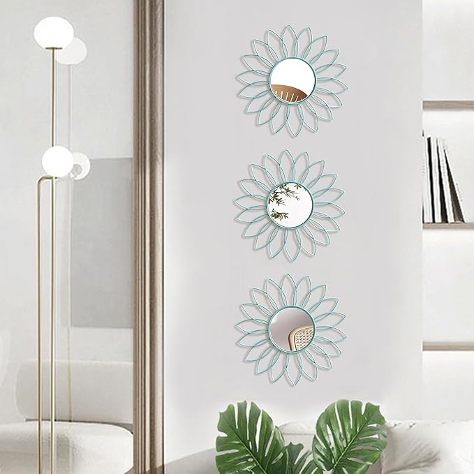 3 Pack Metal Mirrors for Wall Sunburst Wall Mirrors Home Décor Decorative Hanging Wall Art for Living Room Bedroom Entryway (Blue, Flowers)