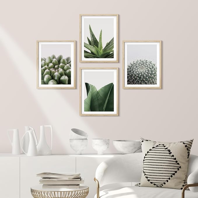 SIGNWIN Framed Tropical Island Wall Art, Set of 4 Green Desert Plant Cactus Snake Plant Wall Decor Prints, Nature Wilderness Wall Décor for Living Room, Bedroom - 12"x16" Natural
