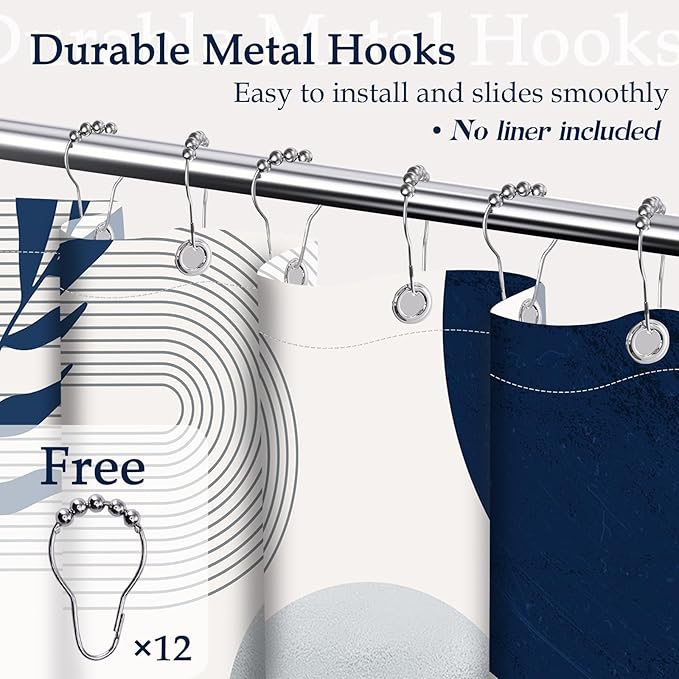 Navy Blue and White Shower Curtain Mid Century Modern Dark Blue Boho Shower Curtains for Bathroom Decor MCM Mens Cool Bath Curtain Set, Waterproof Fabric with Hooks 70 x 72 Inch