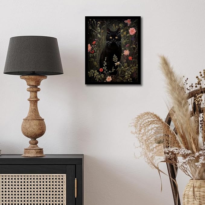 Black Cat Wall Art with Wooden Frame, Vintage Floral Cat Painting, Gothic Dark Academia Framed Picture, Antique Moody Cottagecore Wall Decor Print 8x10 Inch