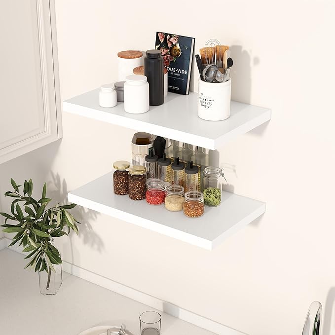 Dreamland 24" Floating Shelves for Wall, 12" Deep Slim White Floating Shelves, Wall-Mounted Shelves for Bedroom, Living Room, Kitchen, Bathroom - Set of 2