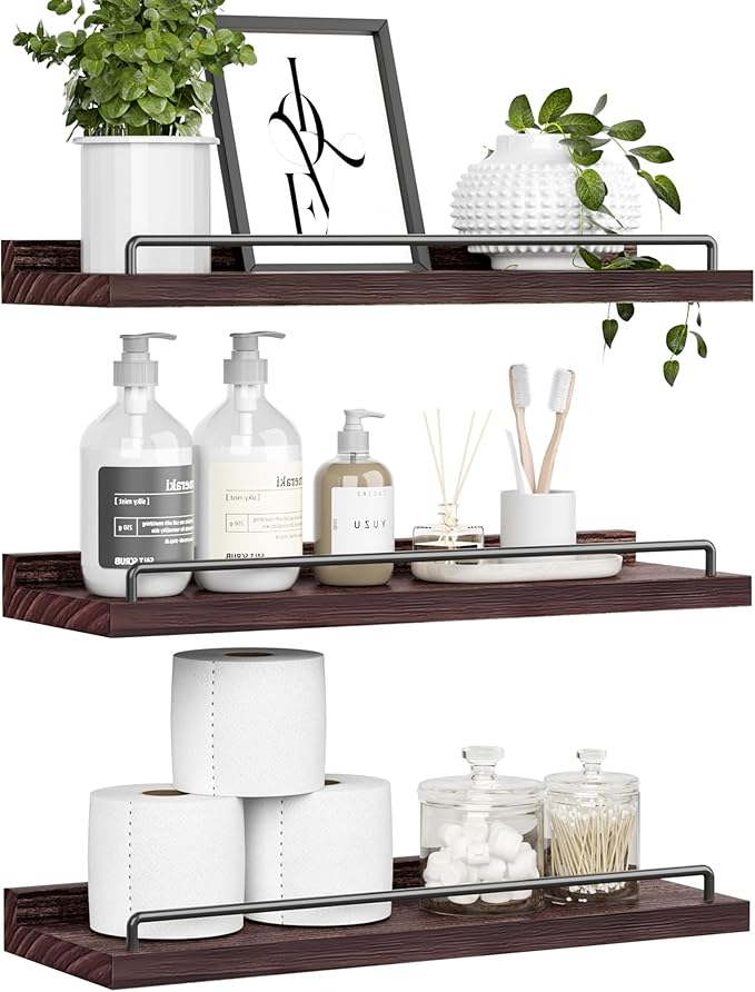 Floating Shelves, Bathroom Decor Shelves Over Toilet, Farmhouse Wall Shelves for Living Room, Bedroom, Picture Frames, Plants, Kitchen, Set of 3 (Walnut Brown)