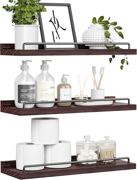 Floating Shelves, Bathroom Decor Shelves Over Toilet, Farmhouse Wall Shelves for Living Room, Bedroom, Picture Frames, Plants, Kitchen, Set of 3 (Walnut Brown)