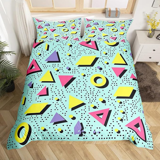 80s 90S Fashion Style Bedding Set Queen Size,Retro Memphis Style Pattern with Geometrical Shapes Duvet Cover for Kids Child,Funky Hipster Old Fashioned Comforter Cover Geometric Bedroom Decor