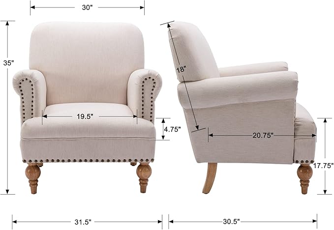 Linen Accent Chair Mid-Century Modern Living Room Armchair with Nailhead Trim & Wood Legs Comfy Upholstered Single Sofa Chair for Lounge/Bedroom/Reception, Cream