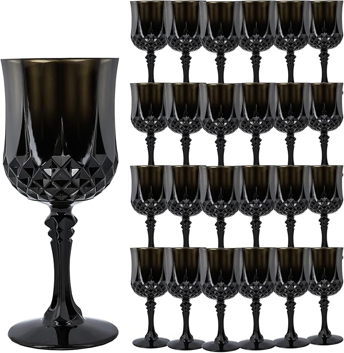 Plastic Wine Glasses, Plastic Goblets Vintage Style Cordial Drinking Glasses for Valentine’s Day, Wedding Reception, Grand Event Party Supplies (24, Black)