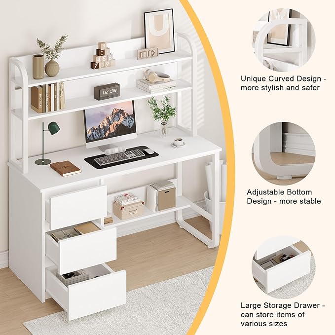 MaverickFurni White Desk with Hutch, 55 Inch Computer Desk with 3 Drawers for Bedroom, Study Writing Desk with Shelves for Small Spaces, Adjustable Feet