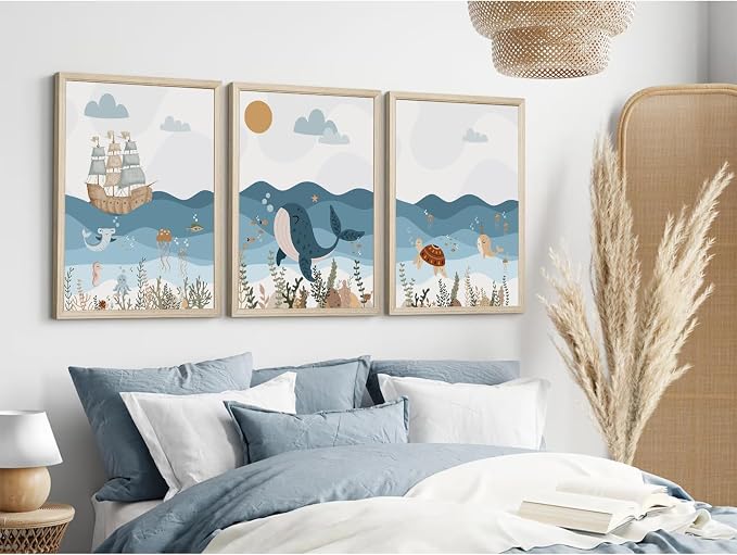 Ocean Nursery Wall Art Pictures Blue Nautical Canvas Art Beach Animal Wall Decor Baby Boys Room Wall Art Sea Whale Prints Ocean Nautical Poster for Nursery Baby Room 12x16 Inch Set of 3 Wood Framed