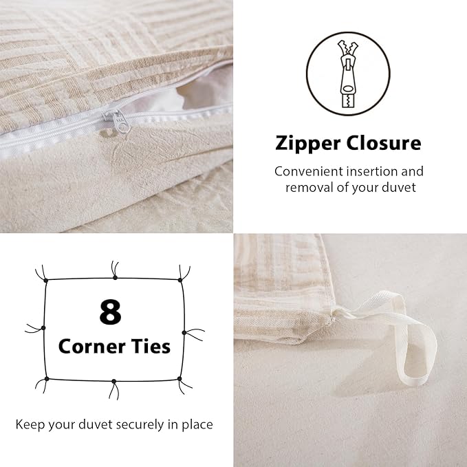 Beige Checkered Cotton Linen Duvet Cover King Size, Soft Breathable Bedding Set for Night Sweats -1 Textured Duvet Cover 104x90 Inches with Zipper Closure, 2 Pillowcases
